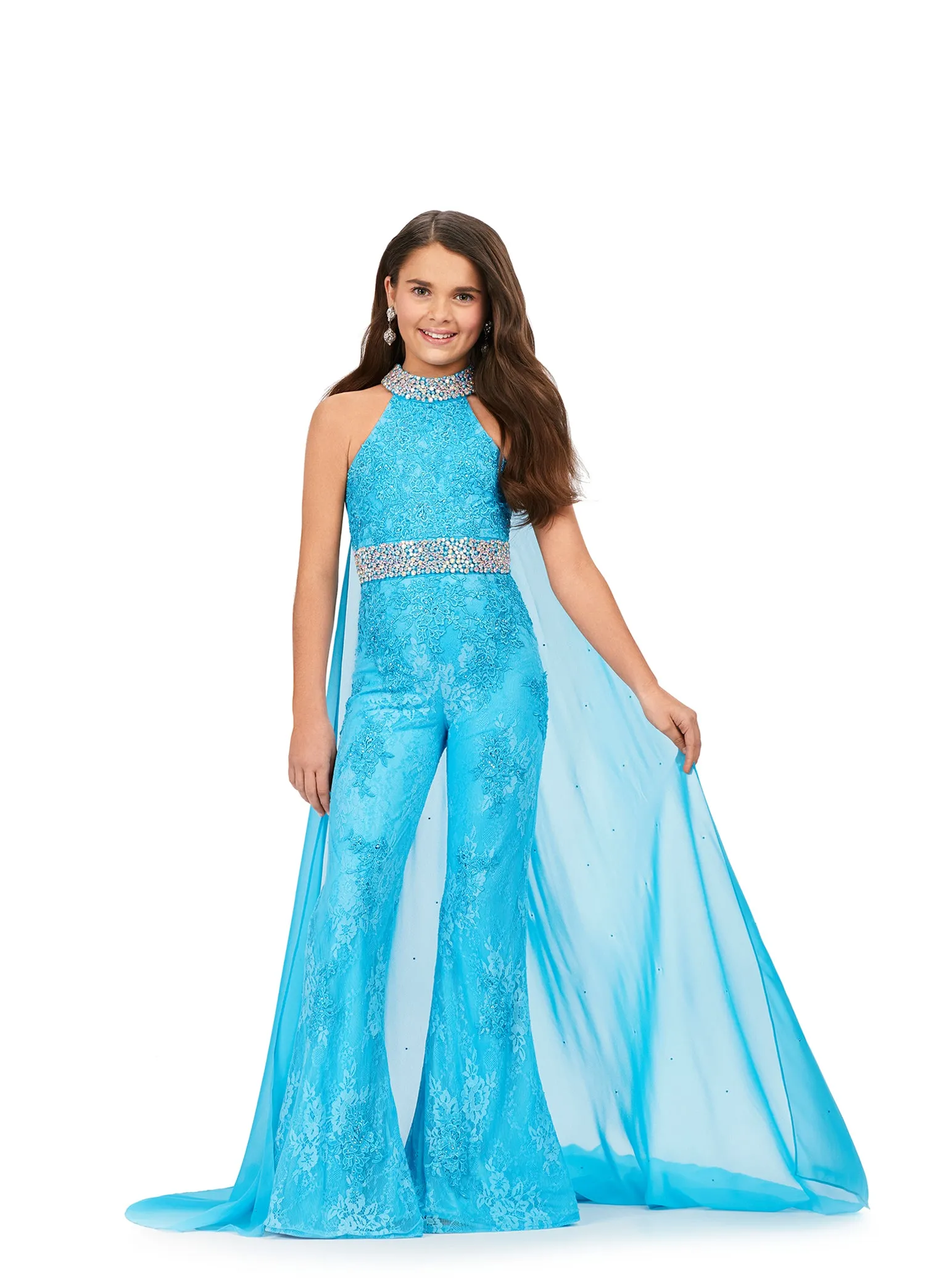 Ashley Lauren Kids 8225 Size 8 Blue Girls Lace Crystal Jumpsuit Cape Bell Bottom Pageant Fun Fashion Wear