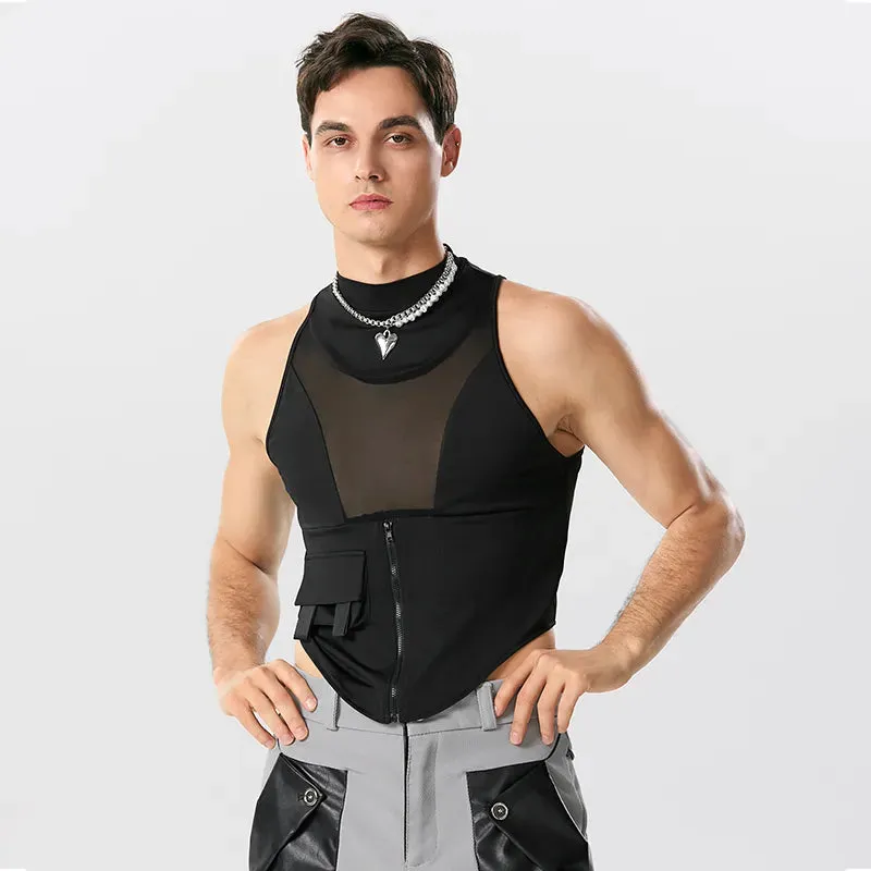Black Patchwork O-neck Zipper Tank Top