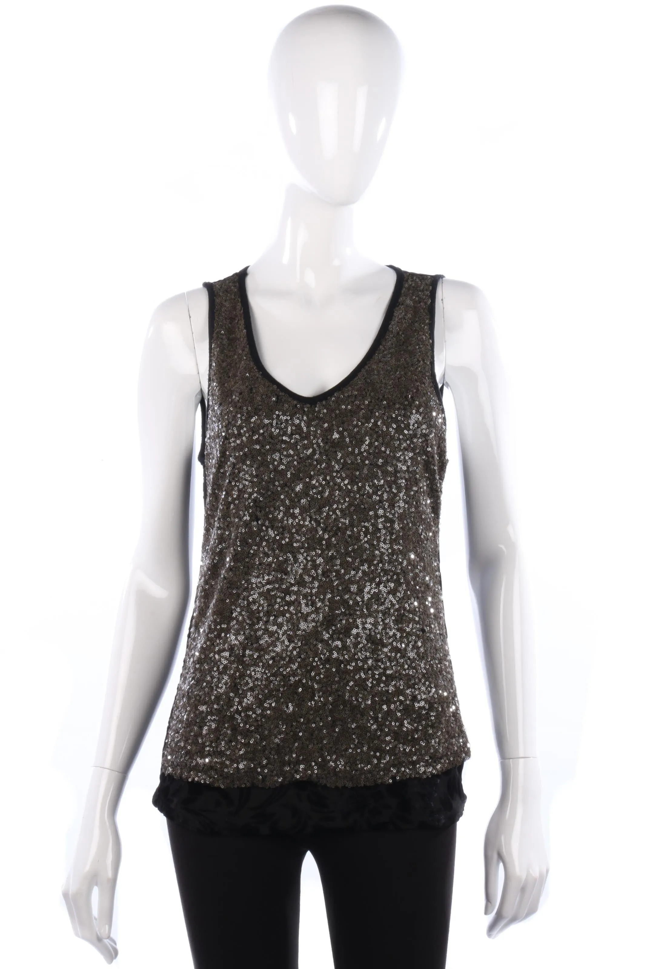 Cream Sleeveless Top Black Velvet with Metallic Sequins Size M