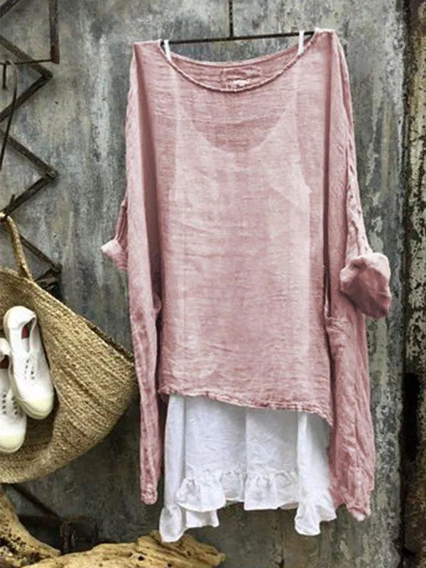 Dunnmall Casual Round 3/4 Sleeve Solid Plus Size Bat Sleeve Tops