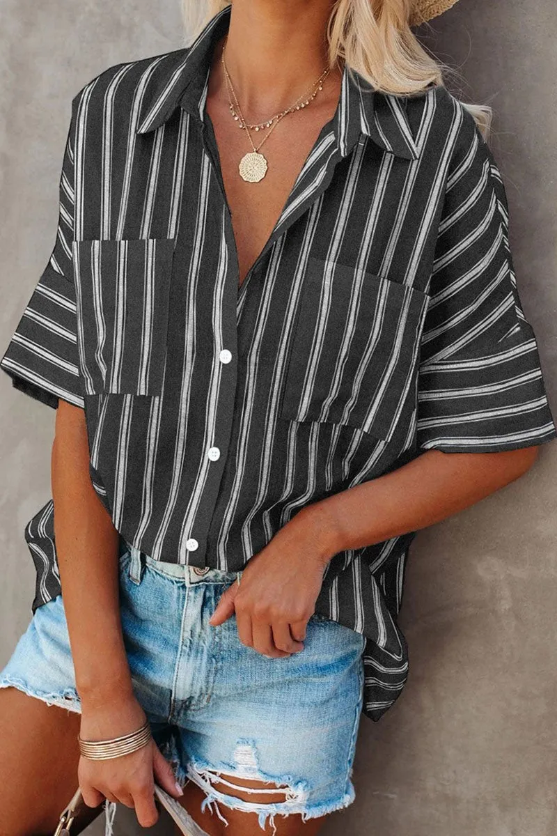 Dunnmall Fashion Striped Split Joint Turndown Collar Tops(4 Colors)