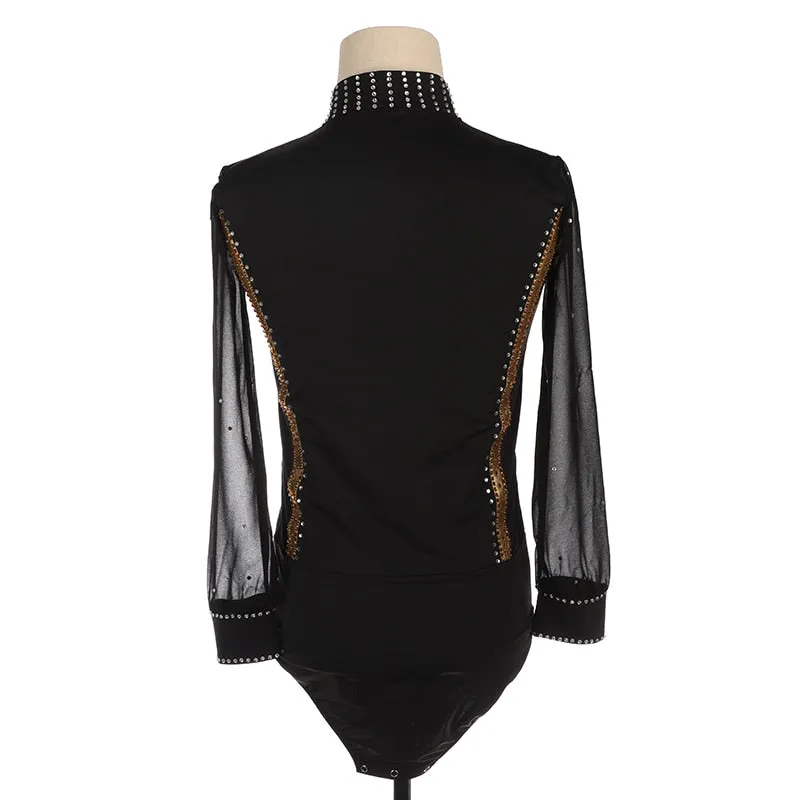 Figure Skating Shirt or Top Black & Gold Leotard Style