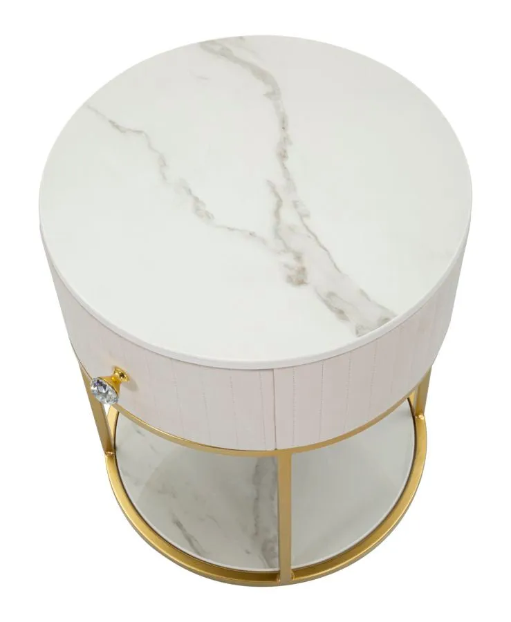 Golden & White Metal Marble Patterned Bedside Table