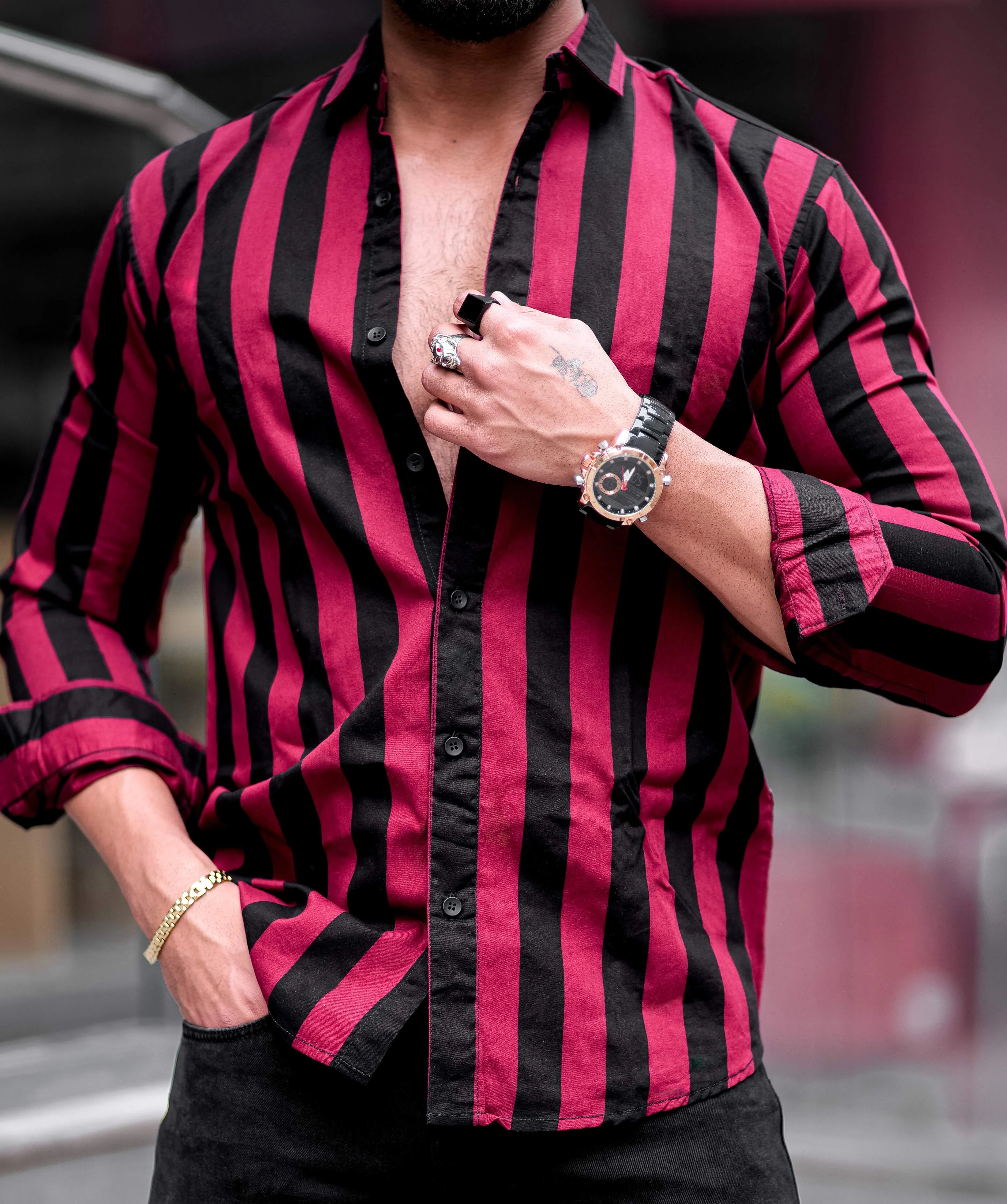Gordons Maroon Striped Cotton Shirt