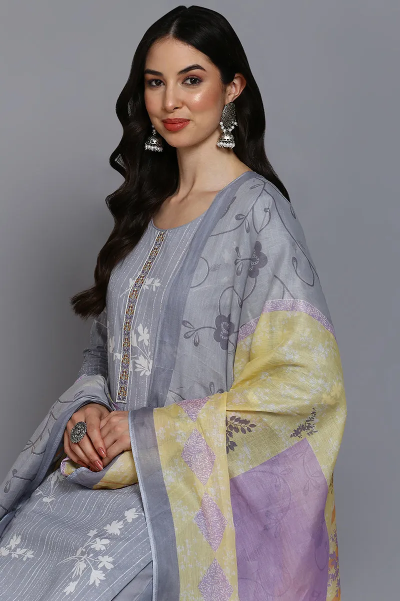 Grey Cotton Blend Floral Straight Suit Set